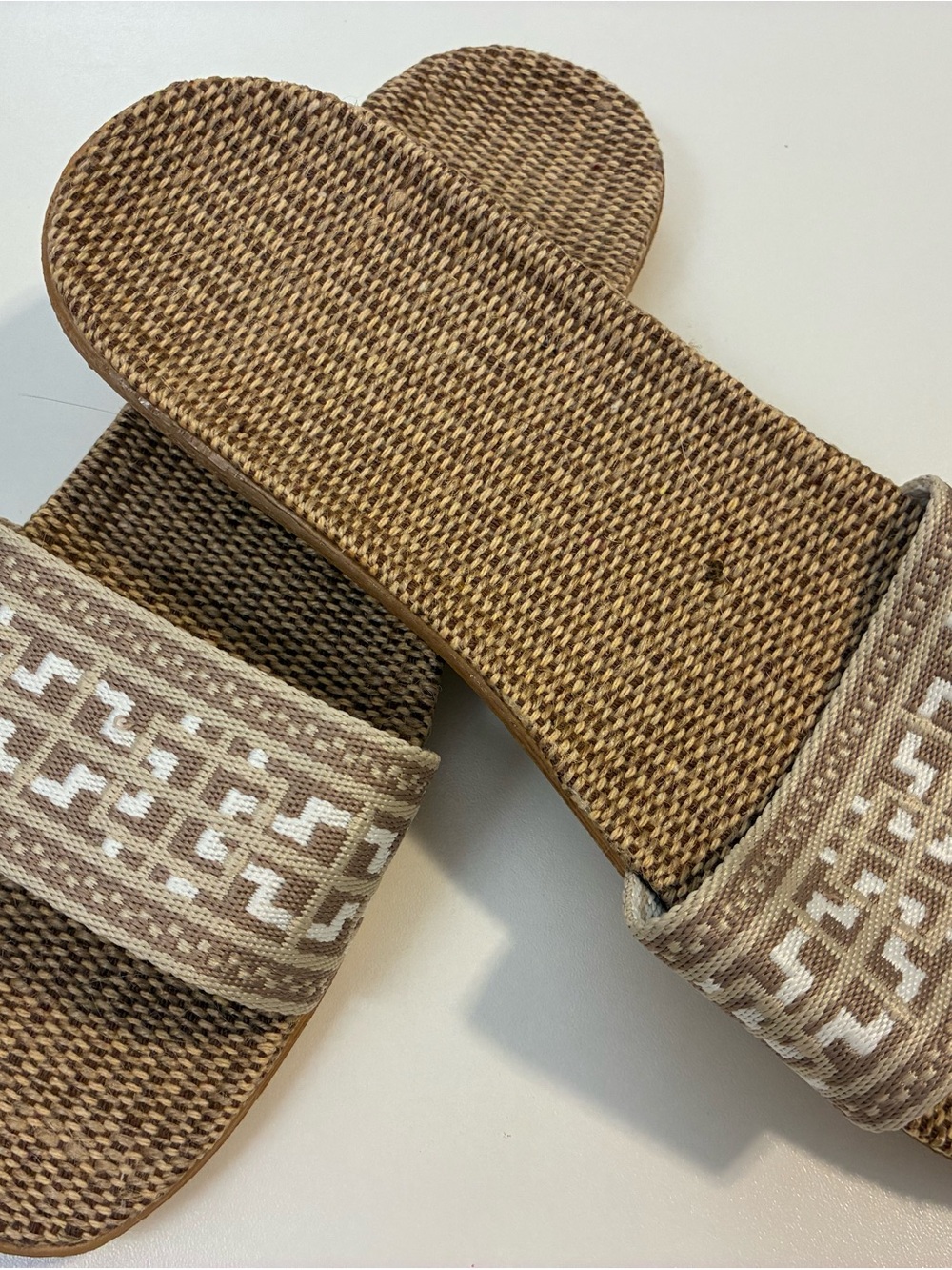 Tan and Beige Woven Slide Sandals with Geometric Strap